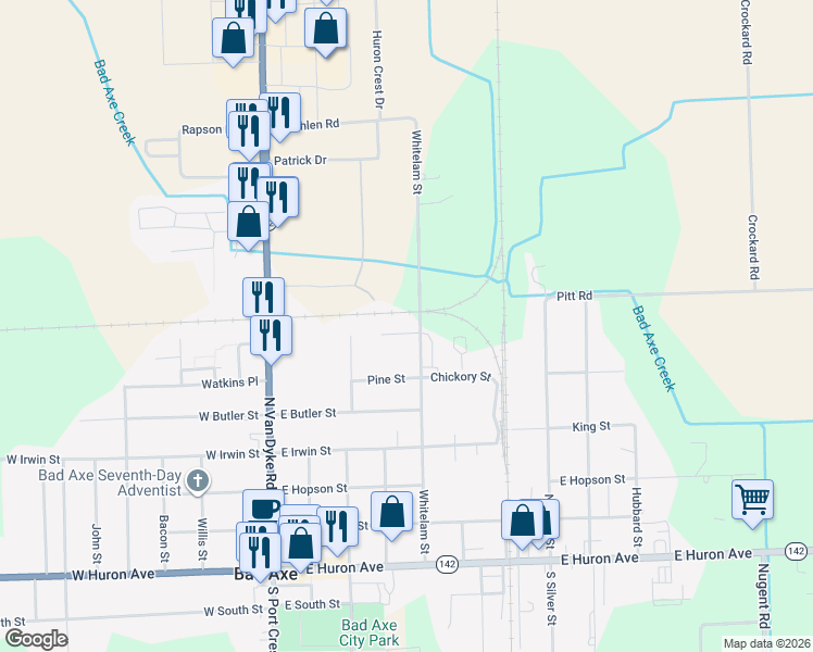 map of restaurants, bars, coffee shops, grocery stores, and more near 435 Cedar Street in Bad Axe