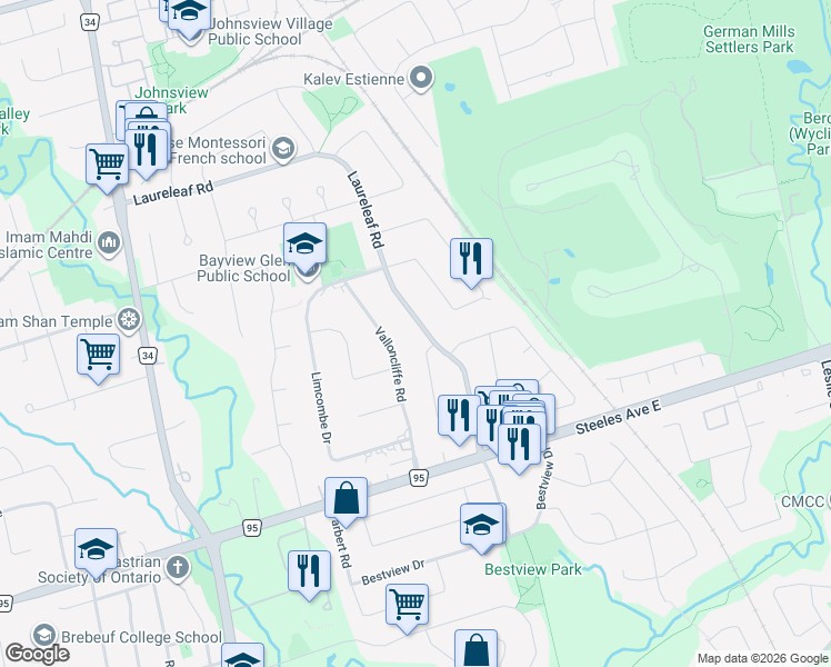 map of restaurants, bars, coffee shops, grocery stores, and more near 23 Valloncliffe Road in Markham