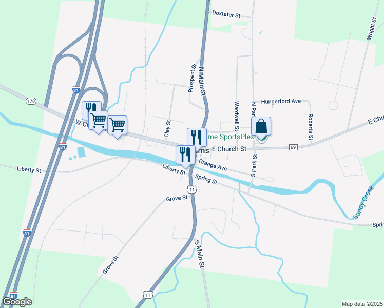 map of restaurants, bars, coffee shops, grocery stores, and more near 7 South Main Street in Adams