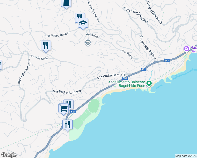 map of restaurants, bars, coffee shops, grocery stores, and more near 87 Via Padre Semeria in Sanremo