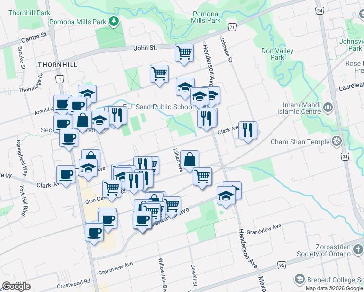 map of restaurants, bars, coffee shops, grocery stores, and more near 101 Clark Avenue in Markham