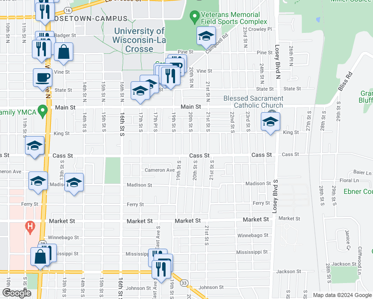 map of restaurants, bars, coffee shops, grocery stores, and more near 234 20th Street South in La Crosse