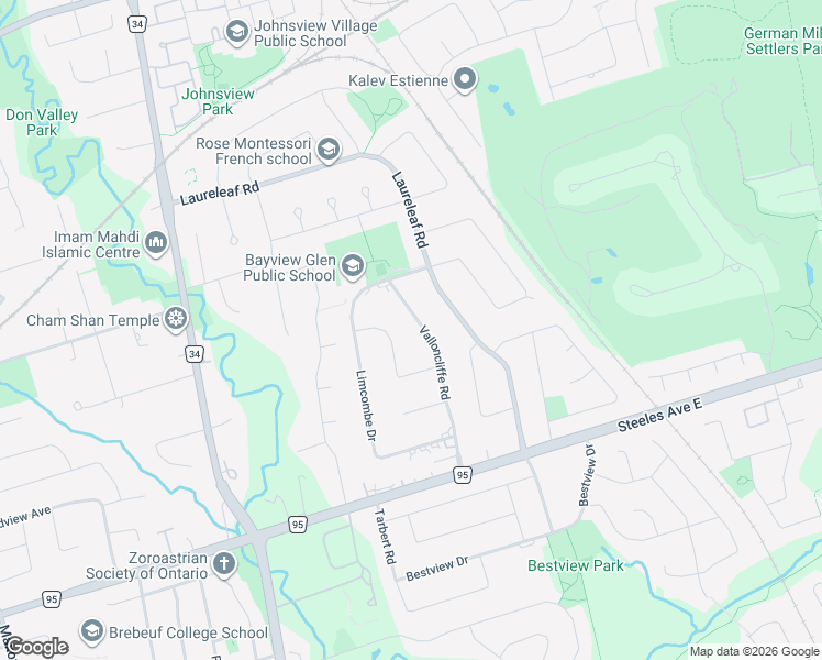 map of restaurants, bars, coffee shops, grocery stores, and more near 26 Valloncliffe Road in Markham