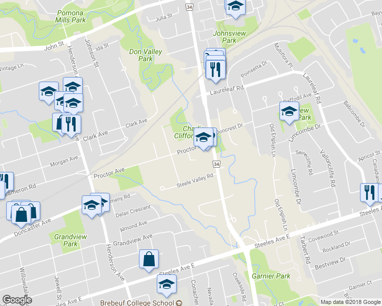 map of restaurants, bars, coffee shops, grocery stores, and more near 1 Bayview Forest Lane in Markham