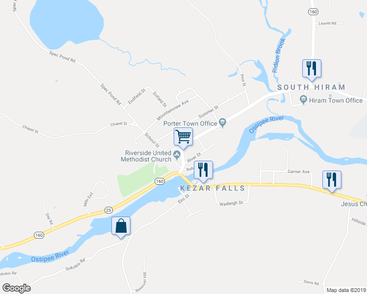 map of restaurants, bars, coffee shops, grocery stores, and more near 21 Main Street in Porter
