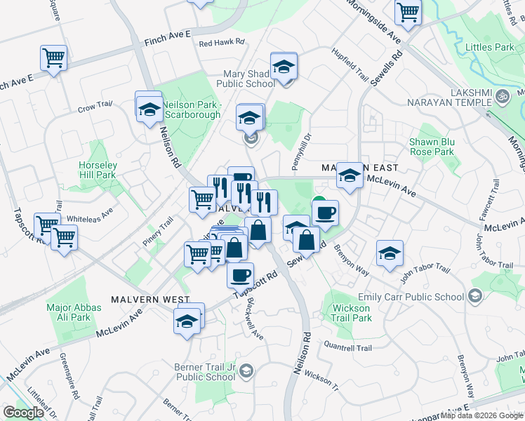 map of restaurants, bars, coffee shops, grocery stores, and more near 1363 Neilson Road in Toronto