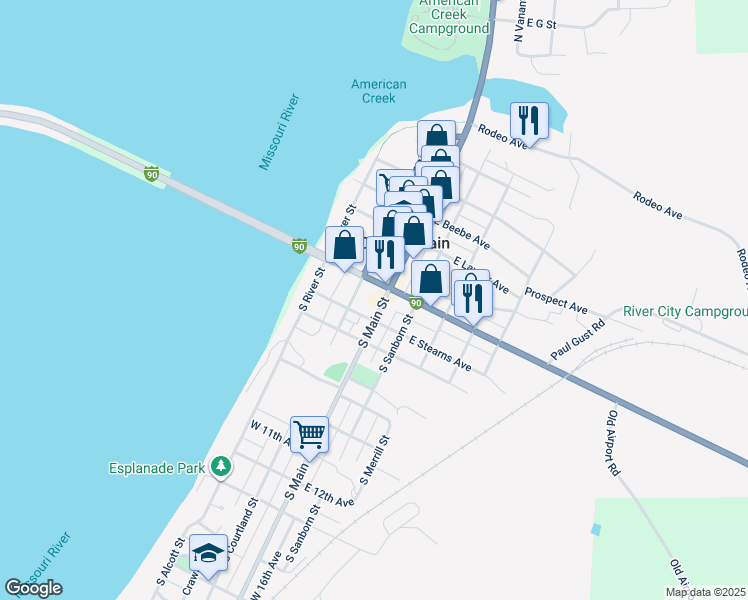 map of restaurants, bars, coffee shops, grocery stores, and more near 200 South Main Street in Chamberlain