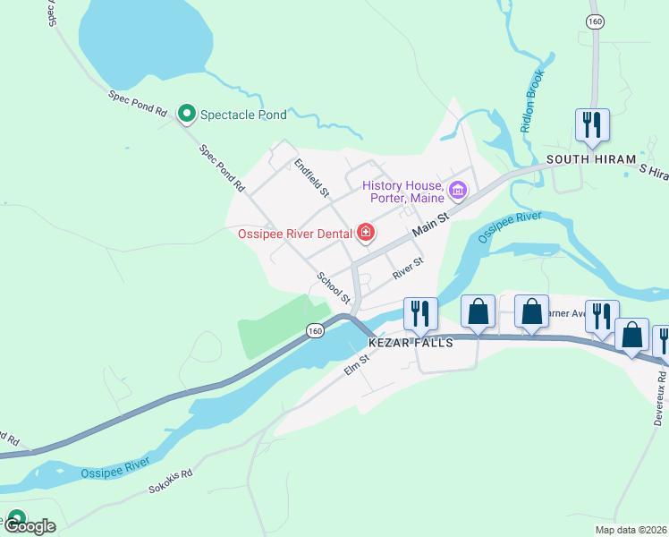 map of restaurants, bars, coffee shops, grocery stores, and more near 8 Main Street in Porter