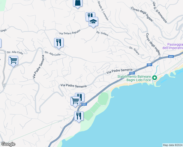 map of restaurants, bars, coffee shops, grocery stores, and more near 2361 Via Padre Semeria in Sanremo