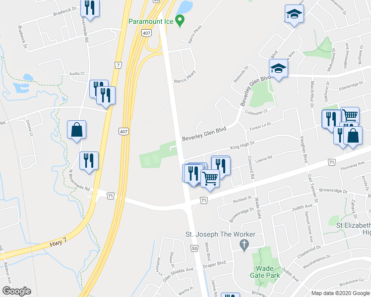 map of restaurants, bars, coffee shops, grocery stores, and more near 7887 Dufferin Street in Vaughan