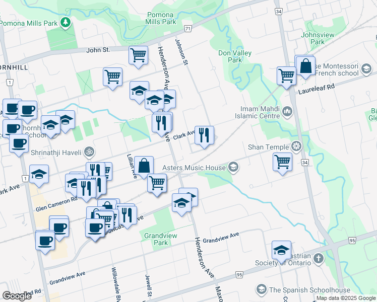 map of restaurants, bars, coffee shops, grocery stores, and more near 29 New Havens Way in Markham