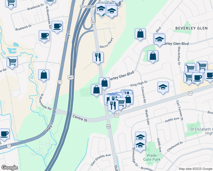 map of restaurants, bars, coffee shops, grocery stores, and more near 7887 Dufferin Street in Vaughan