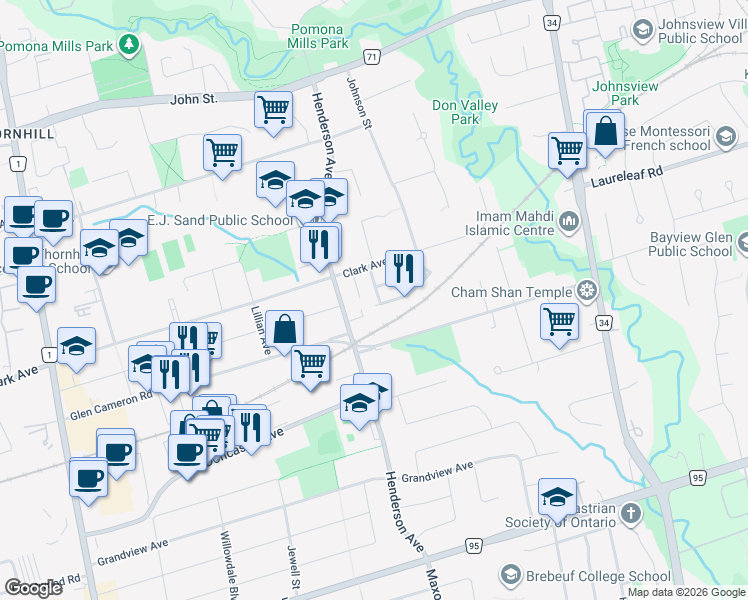 map of restaurants, bars, coffee shops, grocery stores, and more near 29 New Havens Way in Markham