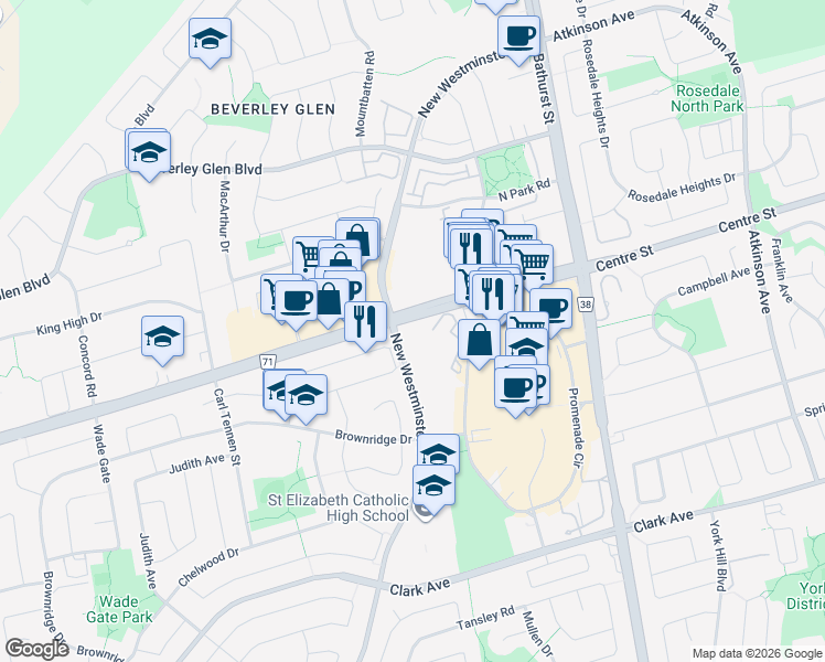 map of restaurants, bars, coffee shops, grocery stores, and more near 745 New Westminster Drive in Vaughan