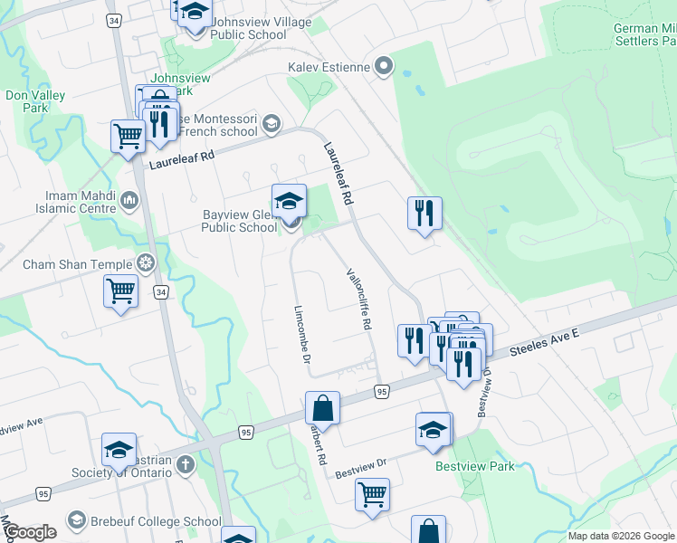 map of restaurants, bars, coffee shops, grocery stores, and more near 26 Valloncliffe Road in Markham