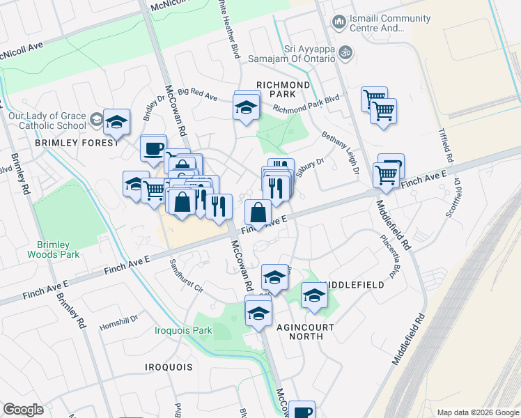 map of restaurants, bars, coffee shops, grocery stores, and more near 23 Thunder Grove in Toronto