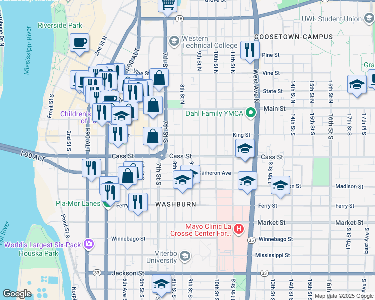 map of restaurants, bars, coffee shops, grocery stores, and more near 227 8th Street South in La Crosse