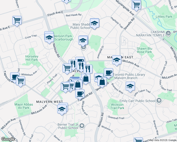 map of restaurants, bars, coffee shops, grocery stores, and more near 1363 Neilson Road in Toronto