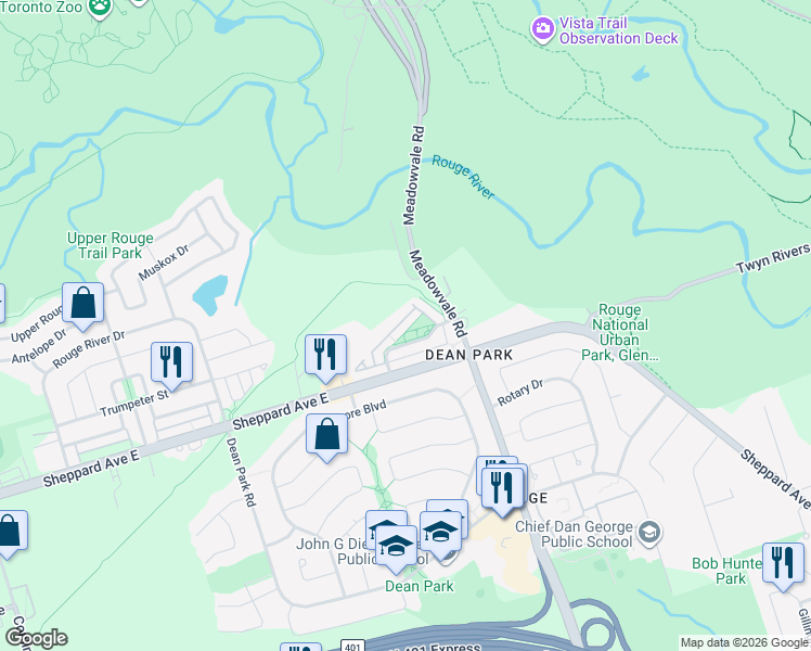 map of restaurants, bars, coffee shops, grocery stores, and more near 33 Hedge End Road in Toronto