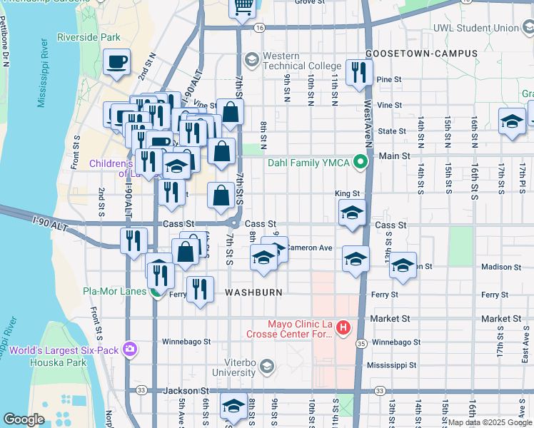 map of restaurants, bars, coffee shops, grocery stores, and more near 229 8th Street South in La Crosse