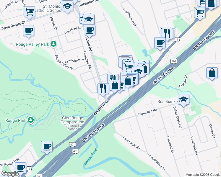 map of restaurants, bars, coffee shops, grocery stores, and more near in Pickering