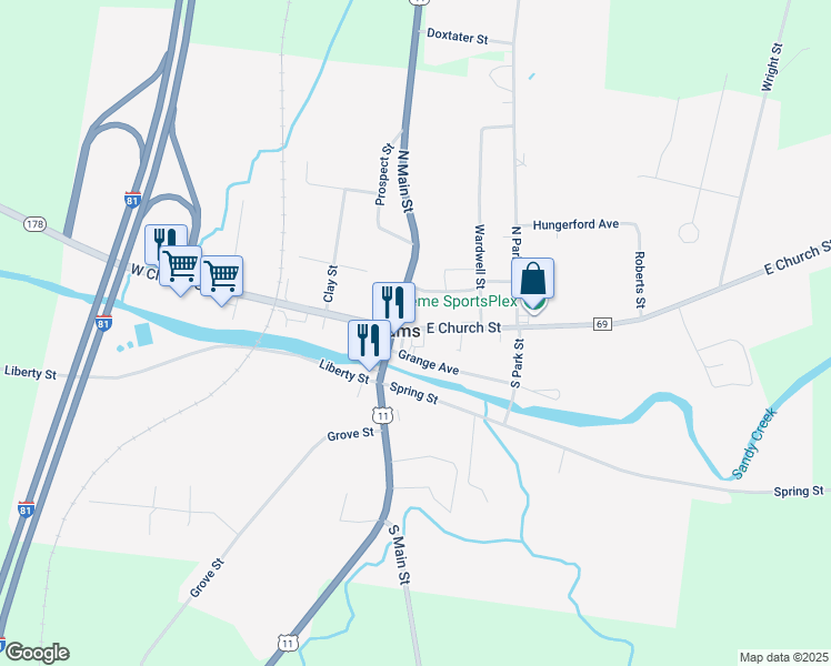 map of restaurants, bars, coffee shops, grocery stores, and more near 11 East Church Street in Adams