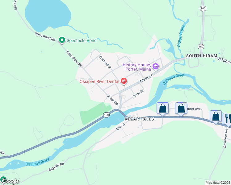map of restaurants, bars, coffee shops, grocery stores, and more near 8 Main Street in Porter