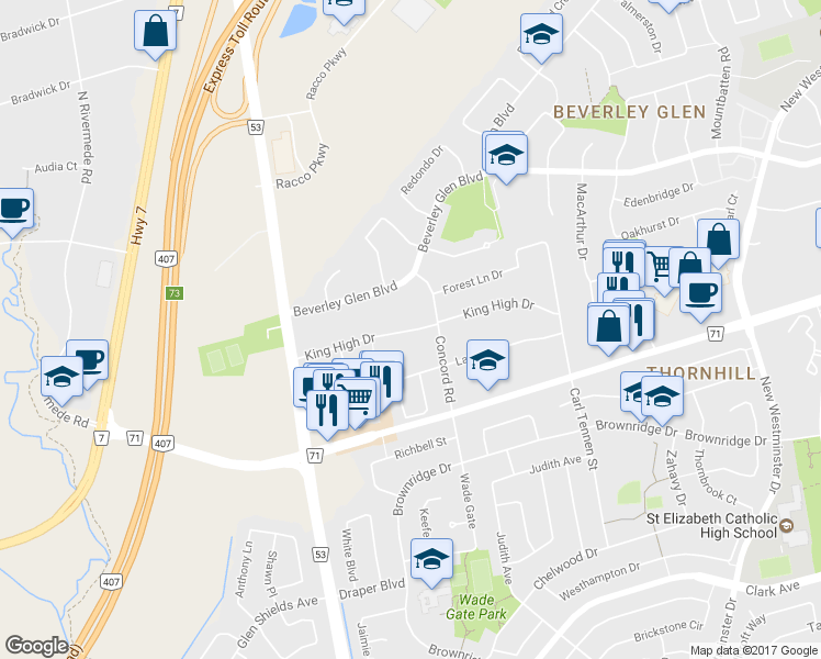 map of restaurants, bars, coffee shops, grocery stores, and more near 160 King High Drive in Vaughan