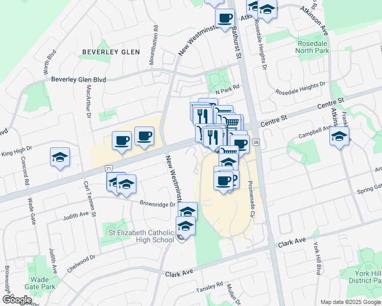 map of restaurants, bars, coffee shops, grocery stores, and more near 120 Promenade Circle in Vaughan