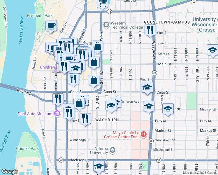 map of restaurants, bars, coffee shops, grocery stores, and more near 226 8th Street South in La Crosse