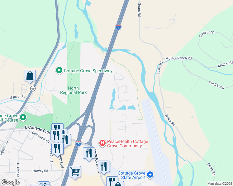 map of restaurants, bars, coffee shops, grocery stores, and more near 114 Village Drive in Cottage Grove