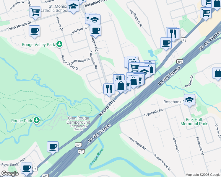 map of restaurants, bars, coffee shops, grocery stores, and more near 1345 Altona Road in Pickering