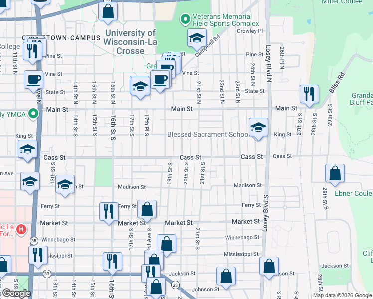 map of restaurants, bars, coffee shops, grocery stores, and more near 234 20th Street South in La Crosse