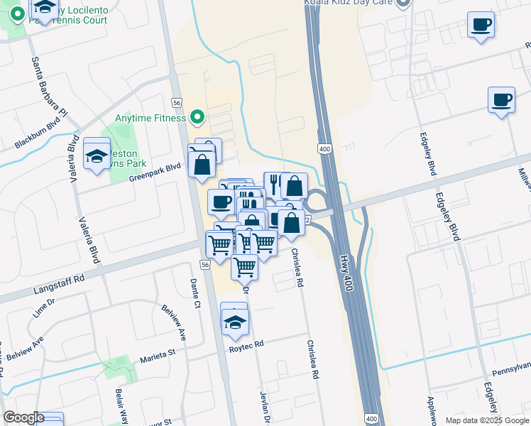 map of restaurants, bars, coffee shops, grocery stores, and more near 6600 Terecar Drive in Vaughan