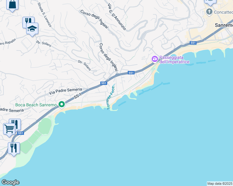 map of restaurants, bars, coffee shops, grocery stores, and more near 21 Via Barabino in Sanremo