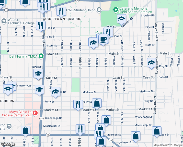 map of restaurants, bars, coffee shops, grocery stores, and more near 236 17th Place South in La Crosse