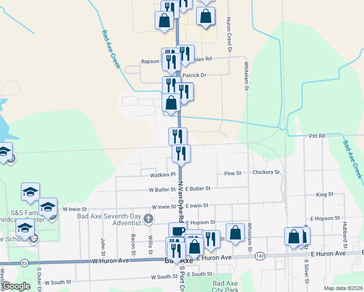 map of restaurants, bars, coffee shops, grocery stores, and more near 696 North Port Crescent Street in Bad Axe