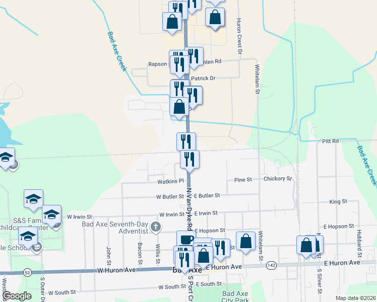 map of restaurants, bars, coffee shops, grocery stores, and more near 696 North Port Crescent Street in Bad Axe