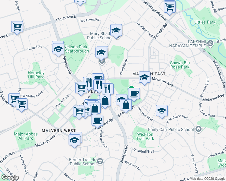 map of restaurants, bars, coffee shops, grocery stores, and more near 1359 Neilson Road in Toronto