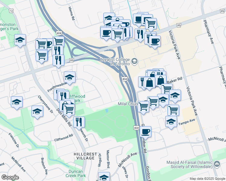 map of restaurants, bars, coffee shops, grocery stores, and more near 134 Hollyberry Trail in Toronto
