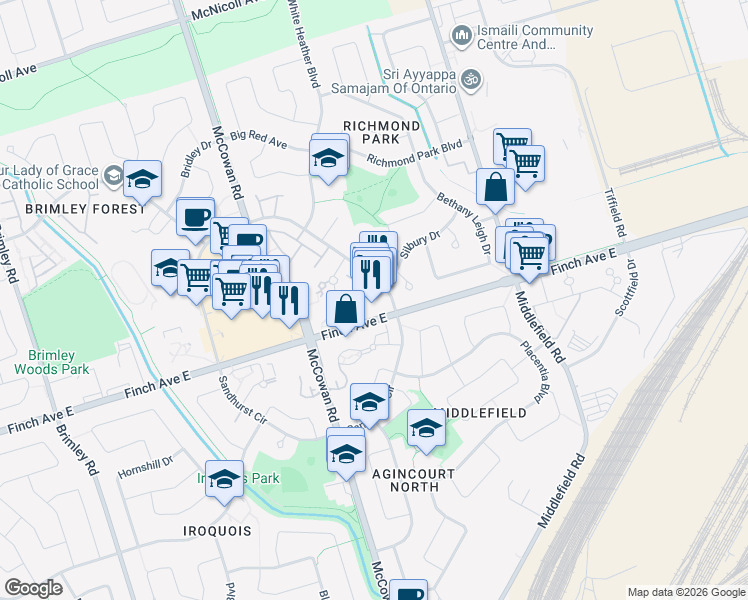 map of restaurants, bars, coffee shops, grocery stores, and more near 1001 Sandhurst Circle in Toronto