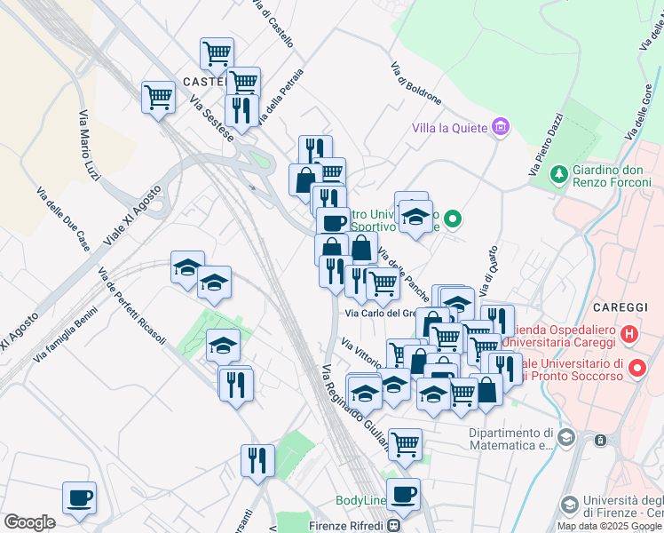 map of restaurants, bars, coffee shops, grocery stores, and more near 201 Via Padre Reginaldo Giuliani in Firenze