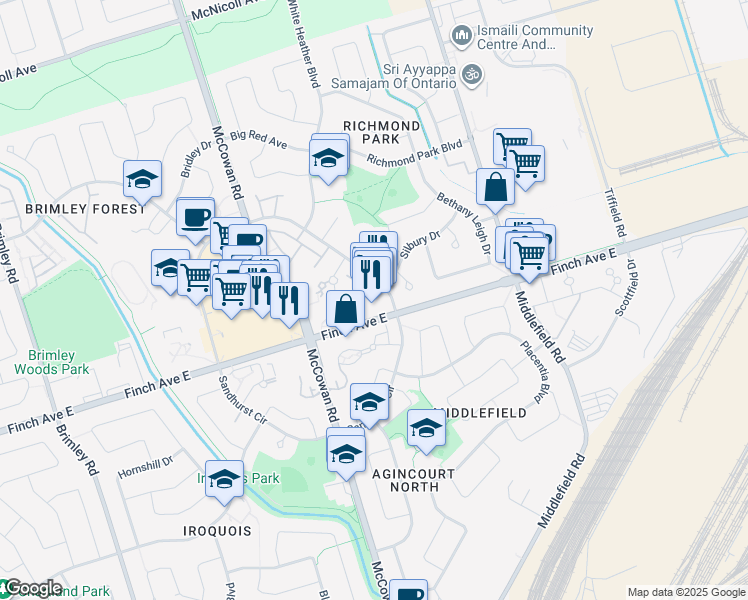 map of restaurants, bars, coffee shops, grocery stores, and more near in Toronto
