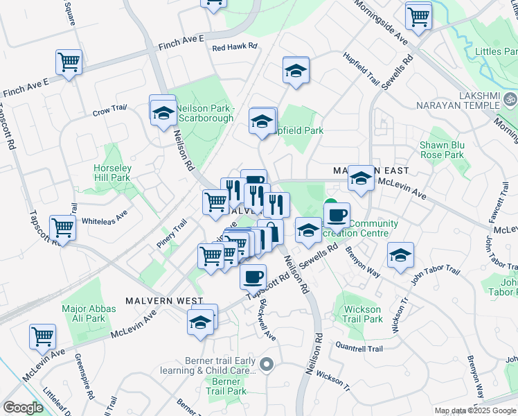 map of restaurants, bars, coffee shops, grocery stores, and more near 1371 Neilson Road in Toronto