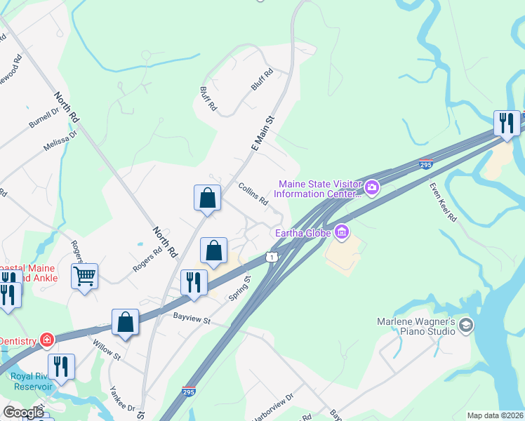map of restaurants, bars, coffee shops, grocery stores, and more near 61 Collins Road in Yarmouth