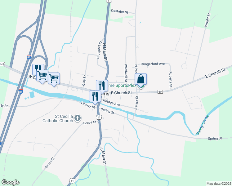 map of restaurants, bars, coffee shops, grocery stores, and more near 27 East Church Street in Adams
