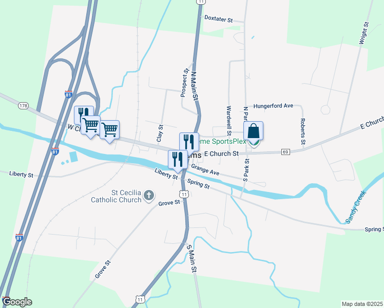 map of restaurants, bars, coffee shops, grocery stores, and more near in Adams