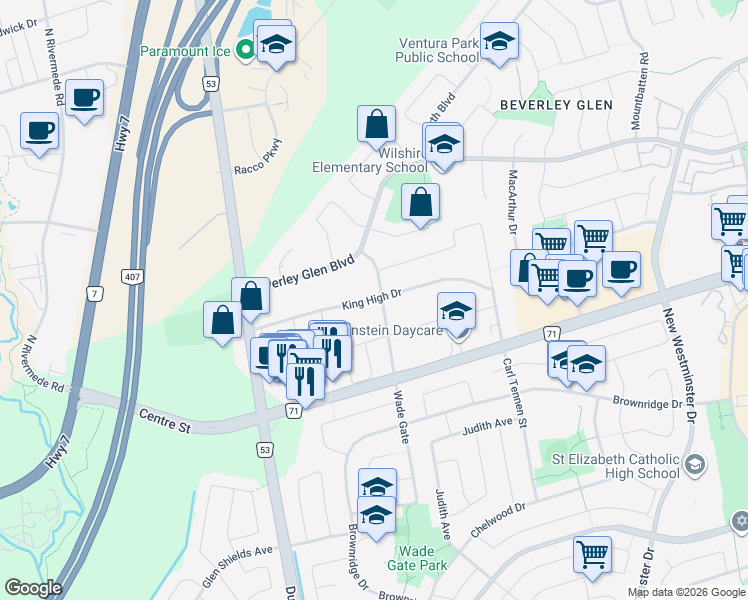 map of restaurants, bars, coffee shops, grocery stores, and more near King High Drive in Vaughan