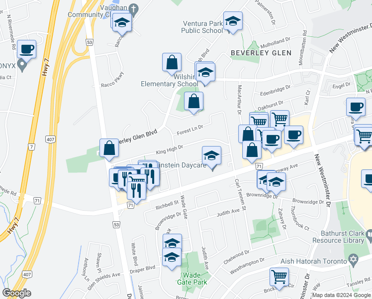 map of restaurants, bars, coffee shops, grocery stores, and more near 101 King High Drive in Vaughan
