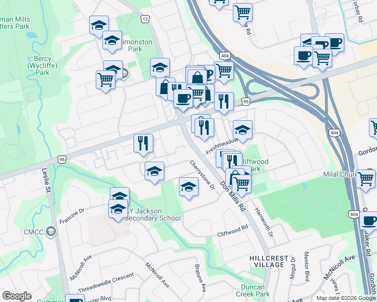 map of restaurants, bars, coffee shops, grocery stores, and more near 74 Thimble Berryway in Toronto